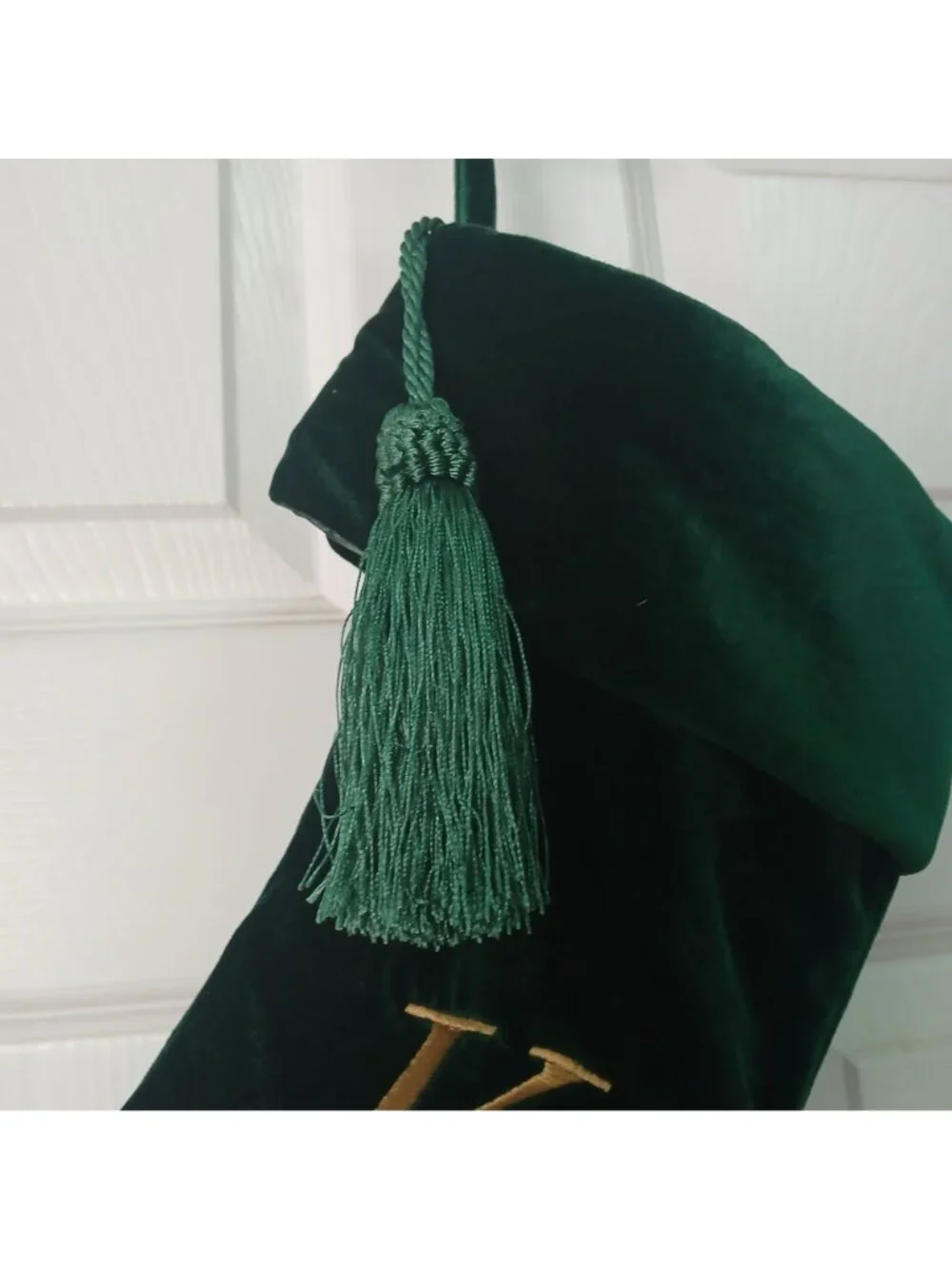 VTG Green Velvet Christmas Stocking Initial “K” Gold  Embroidered Tassle #D-21